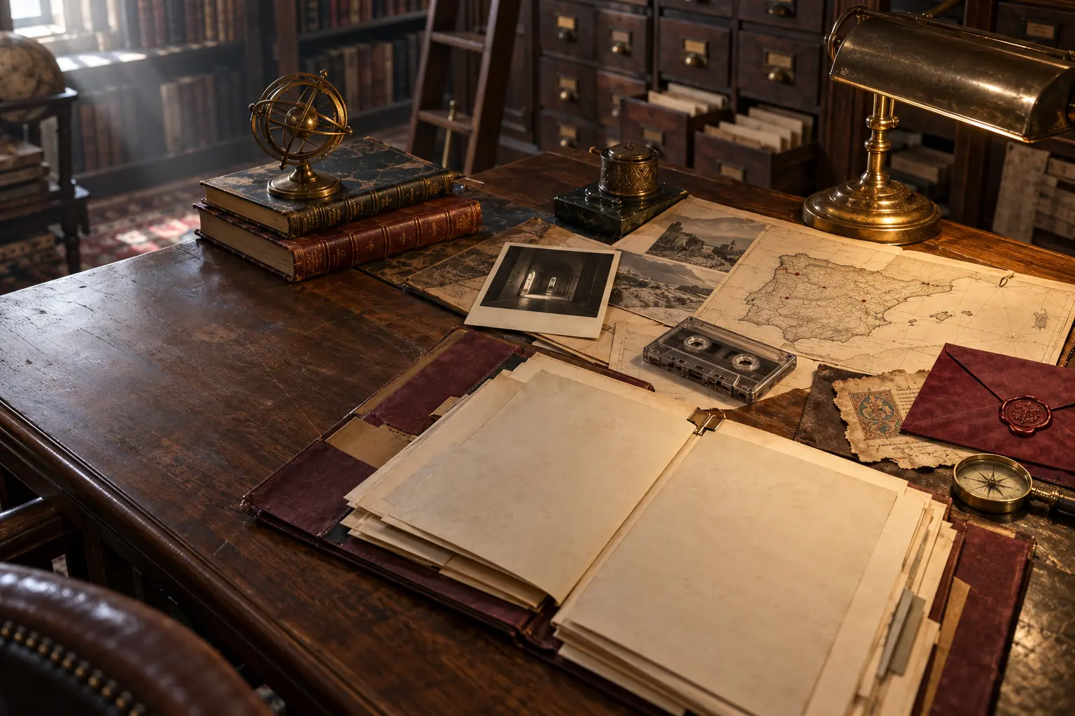 Expedientes, fotografías y notas sobre una mesa de investigación
