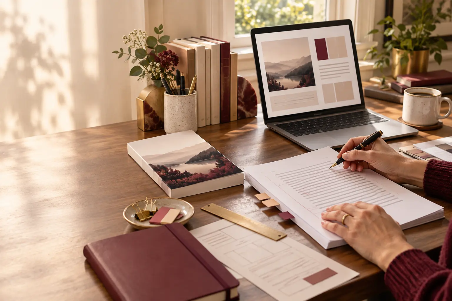 Mesa editorial con manuscrito, cubierta y herramientas de trabajo